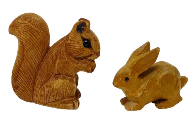 Hand Carved Squirrel W/Glass Inset Eyes & Rabbit