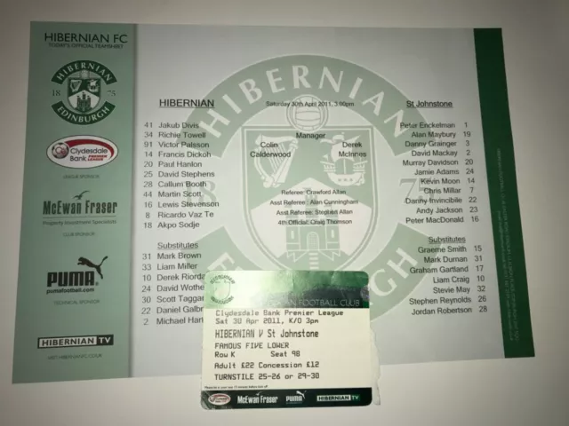 Hibernian v St Johnstone. April 2011. Team Sheet & Ticket