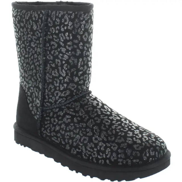Ugg Women's Sheepskin Classic Short Metallic Snow Leopard Boot Black Size 8