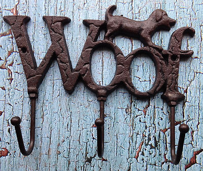 Cast Iron Dog Wall Hook Key Holder Leash Holder Woof Sign with 3 hooks Pet Decor