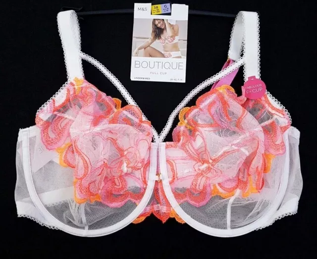 M&S Underwired White/Pink Full Cup Boutique Bra. 28C Hearts NWT *FREE  POSTAGE*