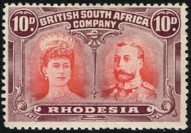 SG 149var RHODESIA 1910 – 10d SCARLET & REDDISH MAUVE (gash in ear) – M/M