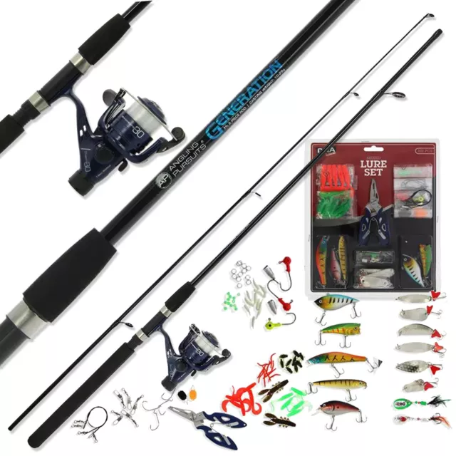 Spinning Fishing Set 2 PC 7FT Rod & Reel + 101 Tackle Spinners Lures Pike Trout