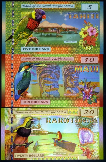 SET, South Pacific States, $5;$10;$20 Tahiti, Maui, Rarotonga 2015, Polymer, UNC