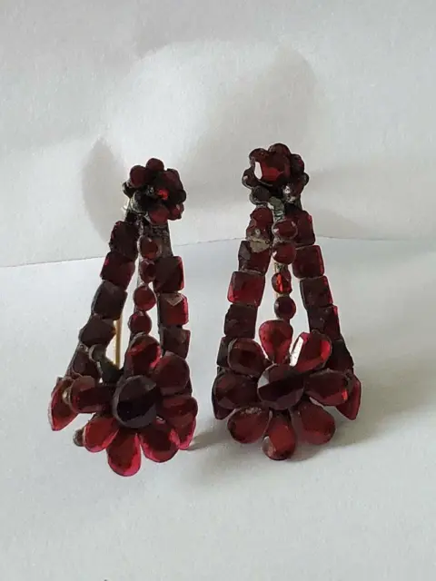 Antique Victorian Ruby Red Vauxhall Glass Drop Earrings As Found