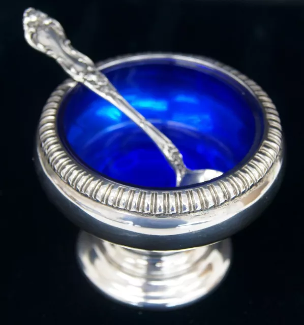 MEADOW ROSE Watson Sterling Silver Salt Spoon w/Cobalt Blue Sterling Salt Bowl