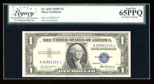 DBR $1 1935-F Silver Fr. 1615 AJ Block Gem Legacy 65 PPQ Serial A36981215J