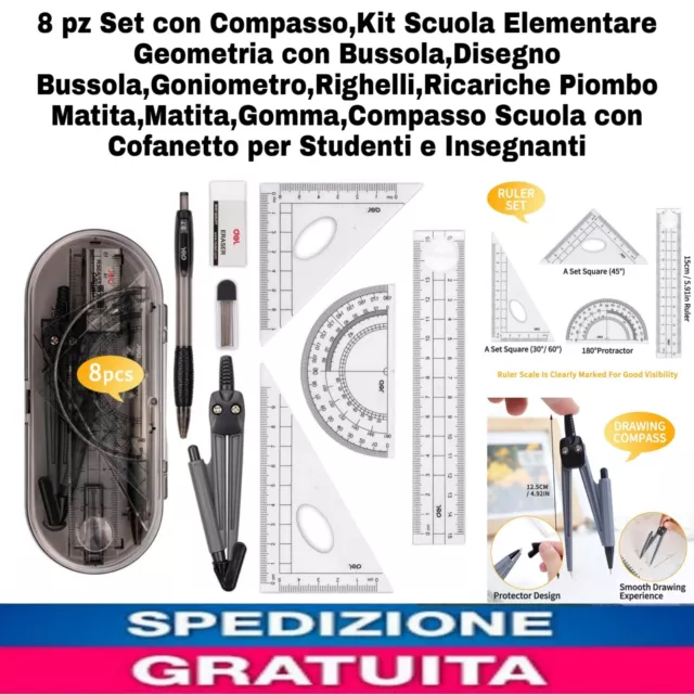8PZ SET CON Compasso,Kit Scuola Elementare Geometria con Righelli,Disegno  Matita EUR 14,90 - PicClick IT