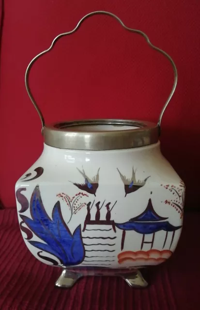 Blue Willow Lancaster & Sandland Footed Biscuit Jar. Made In England.