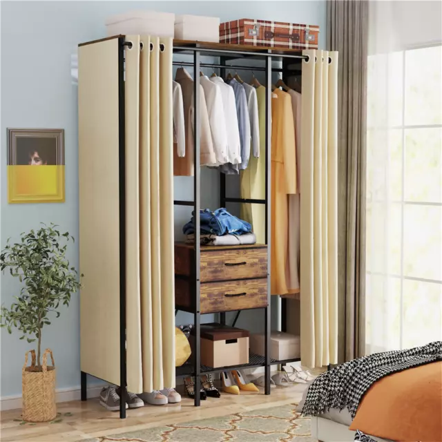 Huge Rustic Garment Rack Clothes Stand Free Standing Wardrobe Closet w/ Curtain 2