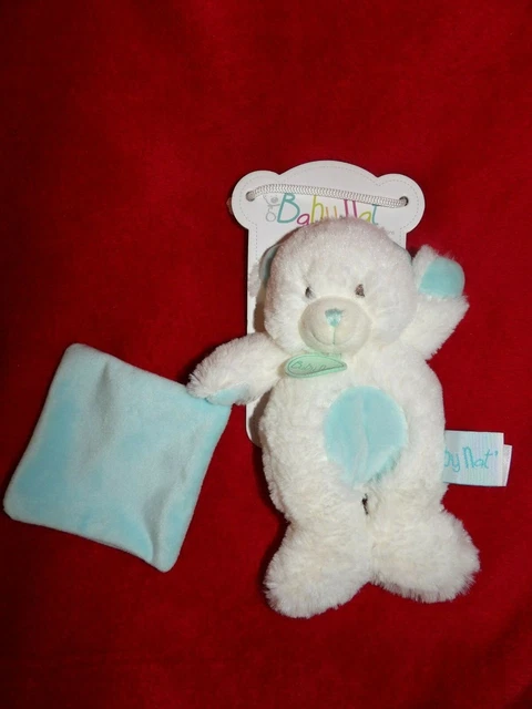 Doudou Peluche Câlin Babynat Ours Blanc  Mouchoir Turquoise Neuf