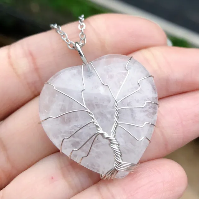 Rock Quartz Gem stone Tree of life Necklace Heart  Chakra Reiki Healing Amulet