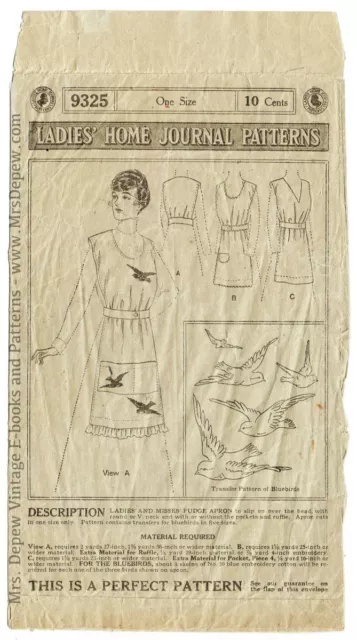 Vintage Sewing Pattern Rare 1900s Fudge Apron Bird Embroidery Transfer