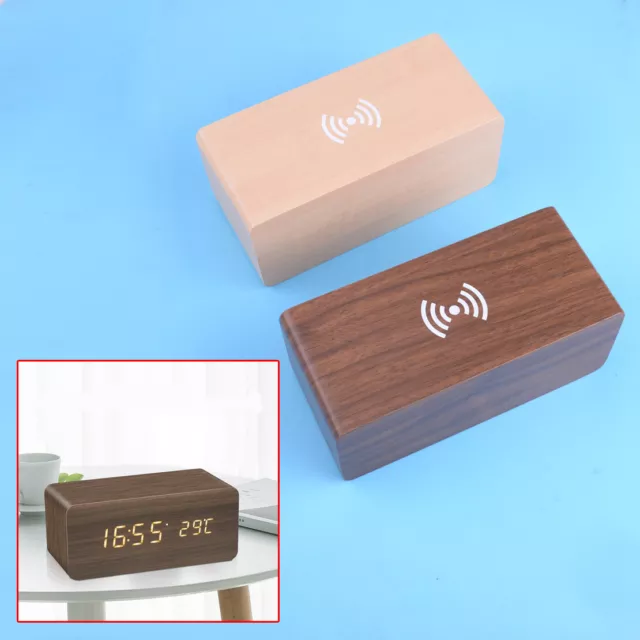 Wooden Wood Digital LED Desk Alarm Clock Thermometer Smartphone Wireless Charger
