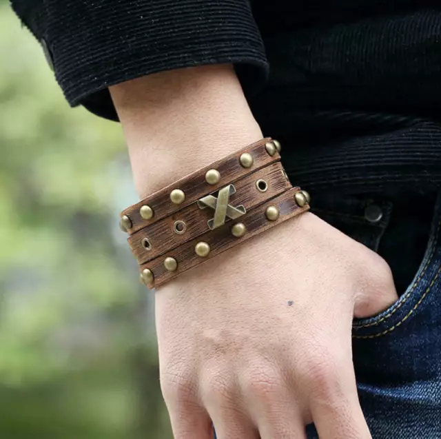 Bracelet-Machette,Cadeau Homme,Cuir Marron,Bronze Antique,Mode,Rock,Punk,BikerFR 2