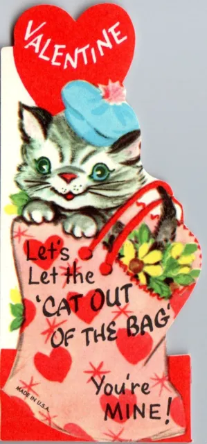Cat Out of the Bag Pink Kitty Kitten VTG Valentine Greeting Card Valentine's Day