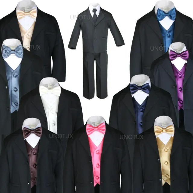 New 7pc Satin Vest Bow Tie + Boy Baby Toddler Kid Black Formal Suit Tuxedo S-20