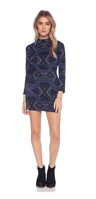 NWT Women's Free People Blue Print Long Sleeve Bodycon Cut Out Dress Sz L Large