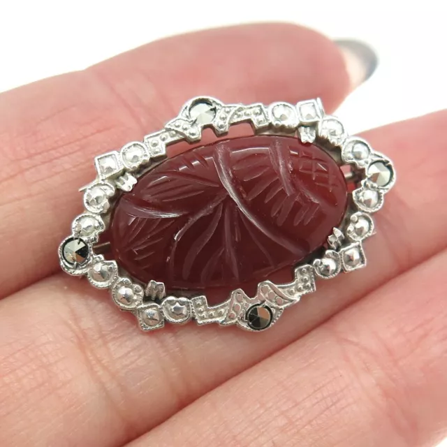 925 Sterling Silver Antique Victorian Real Carved Carnelian Marcasite Pin Brooch