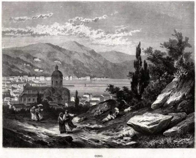 Como: Panorama. Grande Veduta. Capolavoro. Stampa Antica + Passepartout. 1877