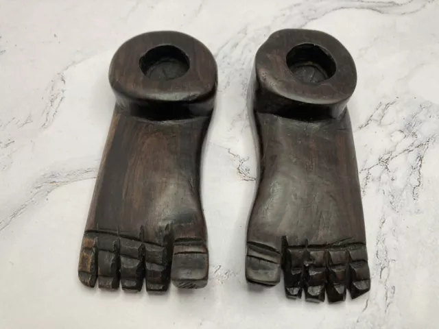 Vintage Wooden Feet Candle Holder Set Hand Carved Toes Dark Wood Foot One Pair