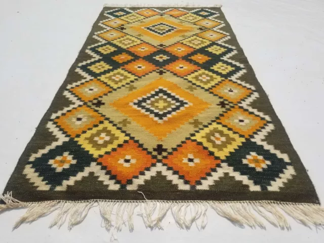 Fine Vintage Traditional Hand Made Oriental Wool Orange Green Kilim 116x62cm