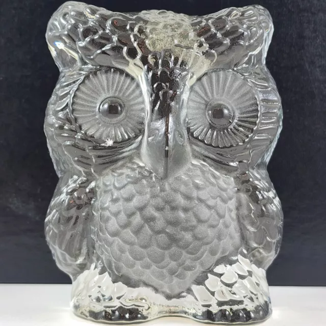 Viking Glass Owl Frosted Hand cut Paperweight Clear Original Label Mid Century