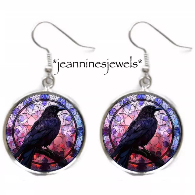 Purple Crow Bird FAUX Stained Glass Black Raven EARRINGS Silver Charm Dangle