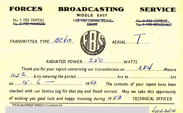 1953 QSL: Forces Broadcasting Service, Tripoli, Libya "Field Post Office 534"