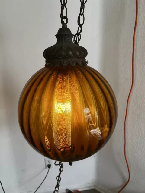 Vintage Lamp Mid Century Hanging Swag Brass Amber Glass Hollywood Regency Round