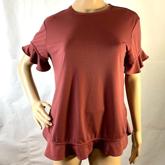 Cupio Womens Medium Shirt Blouse Round Neck Ruffled Sleeve Keyhole Back Old Rose