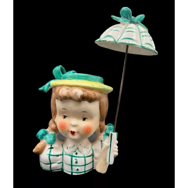 Rare Napco Japan Girl Green Parasol Umbrella Planter Figurine GINGHAM PIGTAILS