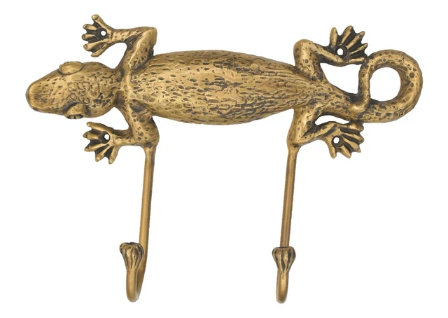 Brass Double Hook GECKO Figurine Hanger Hat Coat Wall Mounted Vintage Home Decor