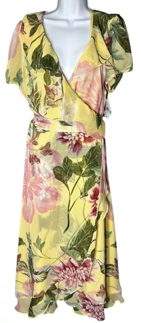 NWT Danny & Nicole Yellow Pink Floral Belted Wrap Dress Women's Size 20 Reg $89