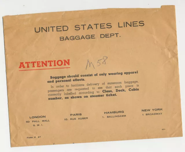 United States Lines Baggage Department Envelope