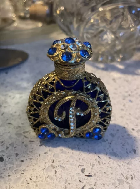 Cobalt Blue Mini Perfume Bottle Gold Filigree Tone Czech Bohemia Glass Art Deco