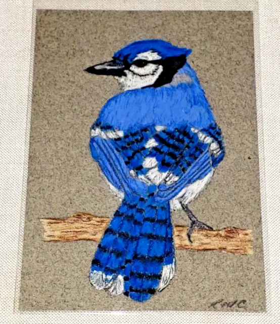 Original ACEO PAINTING BLUE JAY ON A TREE BRANCH 2018 RMC Bird Art