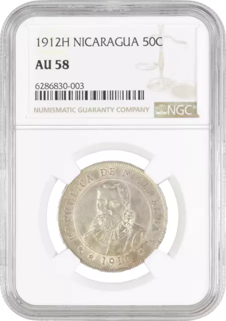 Nicaragua 50 Centavos 1912 H, NGC AU58, "Cordoba (1912 - 1990)" silver coin