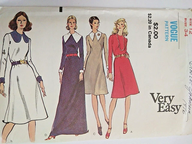 Vestido Noche Rodilla Cuello 12 Muy Fácil Vogue 8216 Costura Patrón UC Vtg 70s