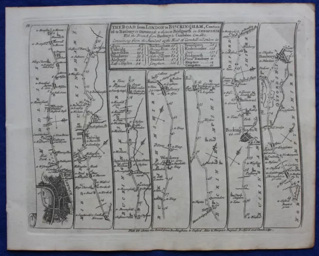 LONDON to BUCKINGHAM, original antique road map, SENEX, OGILBY, Pl 12-13, 1762