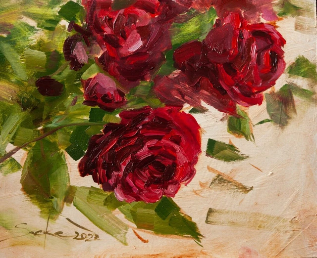 Pittura a olio originale rosa rossa, fiori impressionisti, arte floreale...