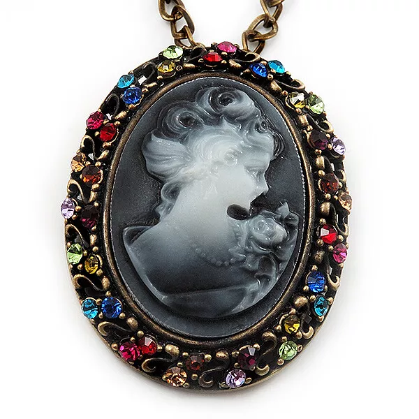 Dark Grey Crystal Cameo 'Lady With Rose Flower' Oval Pendant (Bronze Tone)