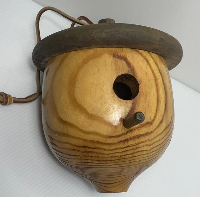 Vintage Hand Made Acorn Design Wood Birdhouse Leather Strap 7.5 Inches