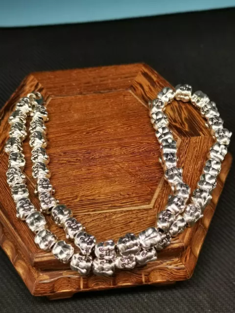 Tibetan Rare Miao Silver Handmade Buddha Heads Beads Necklace F10
