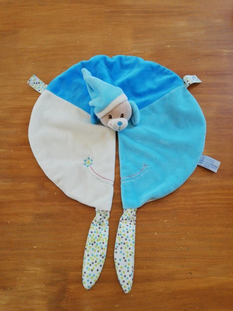 Doudou Gipsy Chien Plat Rond Bleu Blanc Pois Vert Marron Fleur étiquettes bonnet