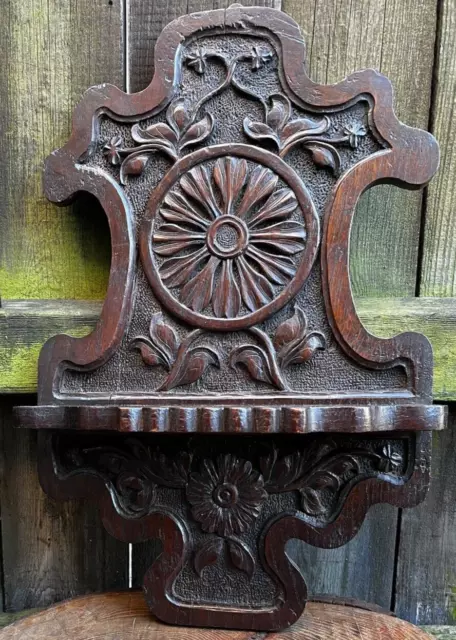 Antique CARVED ENGLISH OAK WOODEN SPOON RACK ornate floral 17/18th century