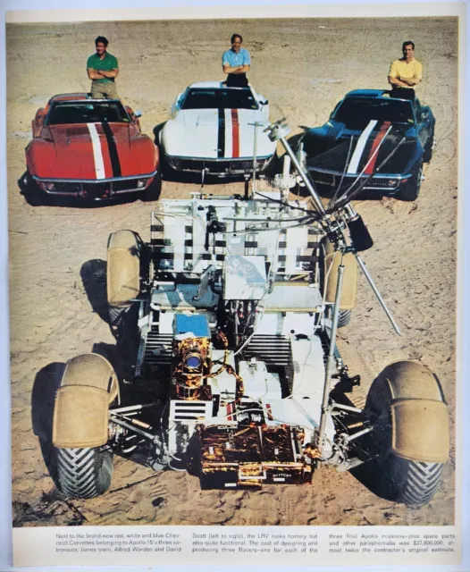 1971 Corvettes Red White Blue Apollo 15 Astronauts Moon Rover Vintage Print Ad