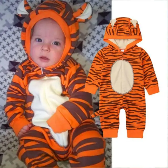 Newborn Baby Boy Girl Kids Tiger Hooded Romper Jumpsuit Bodysuit Clothes Outfits