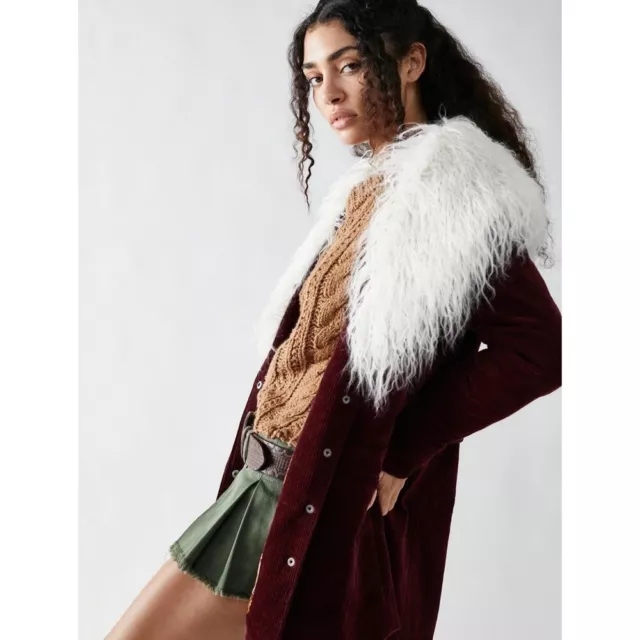 NWT Free People Lady Lane Faux Fur Collar Cord Jacket Coat Red Cream Sz. XS