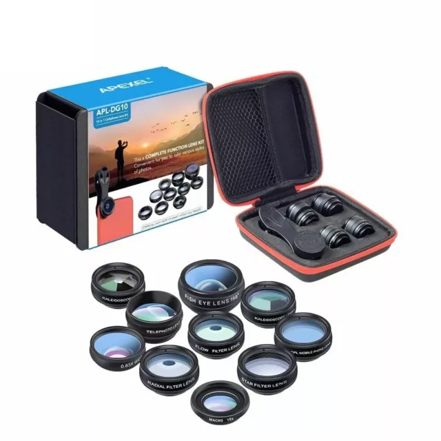 Apexel Phone Lens Kit Universal 10 In 1 Fisheye Wide Angle Macro Smartphone Lens